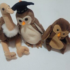 Beanie Baby Bird Lot Of TY Beanies Ostritch STRETCH and Owls HOOT, WISE